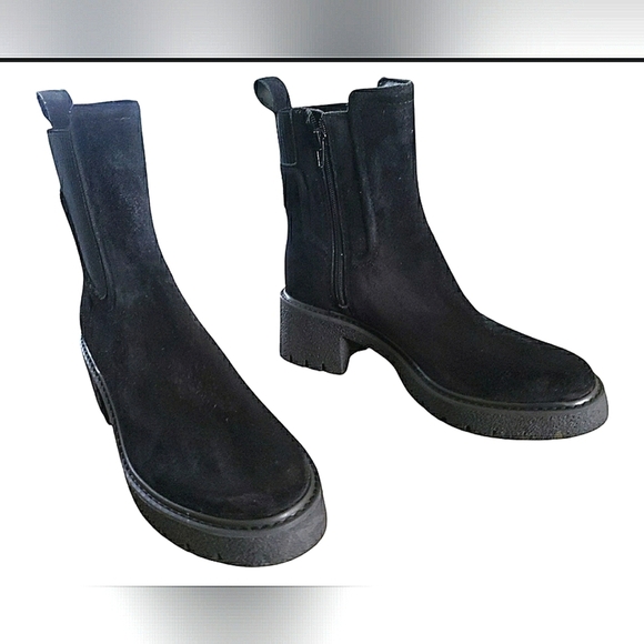 Sporty Black Grunge Goth Punk Chunky Biker Lugsole Leather Suede Ankle Boot - Picture 2 of 8